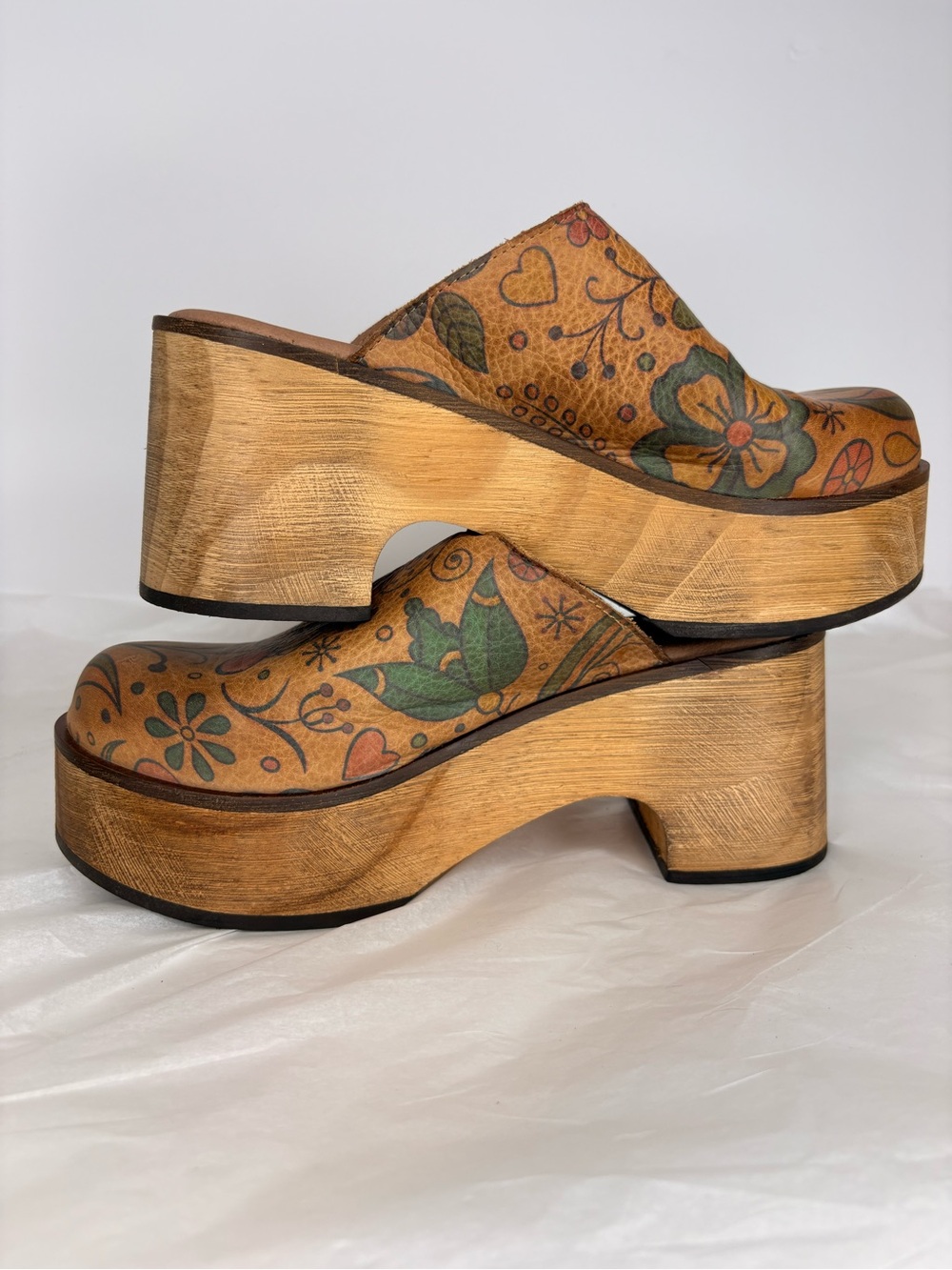Free People Tan Floral Leather Platform Clogs with Green Accents - Picture 3 of 14